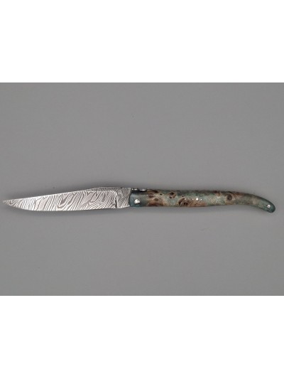 Couteau Laguiole PRESTIGE 12cm pliant lame damas carbone manche loupe de peuplier bleu