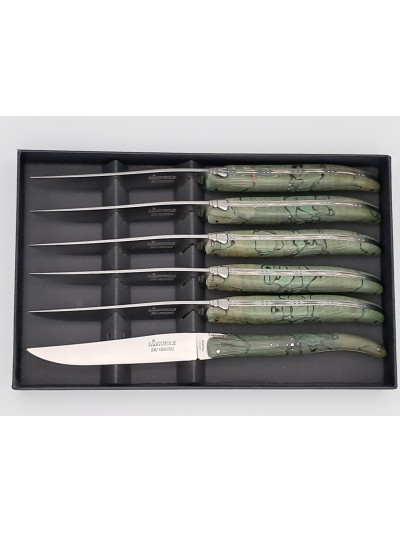 Couteaux de table Laguiole Hêtre échauffé stabilisé vert - lame guilloché main